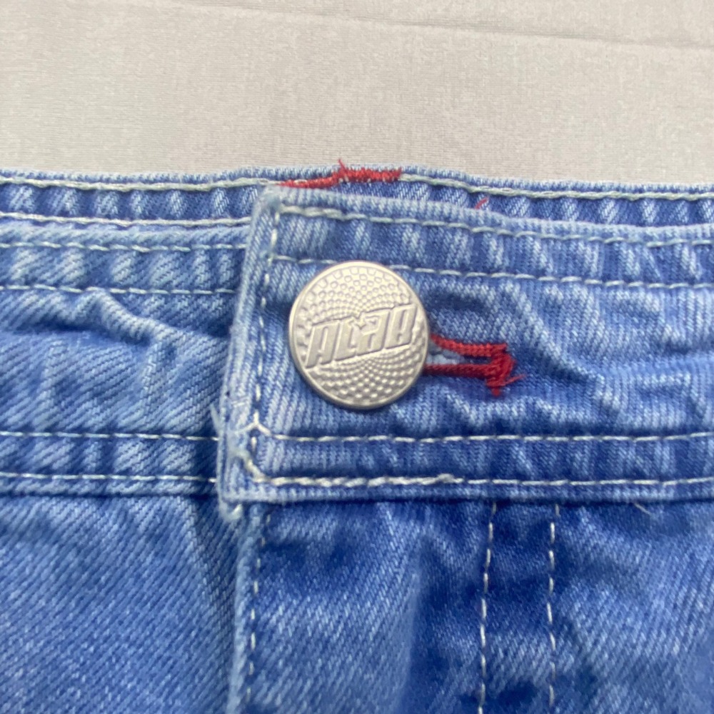 A-Lab Womens Y2K Denim Shorts Size 38 Blue Raw Hem Rave Skater Graphic Patch - Picture 2 of 14